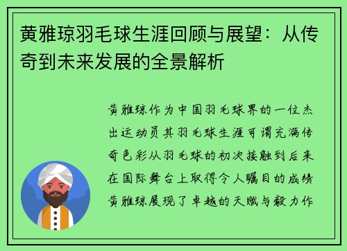黄雅琼羽毛球生涯回顾与展望：从传奇到未来发展的全景解析